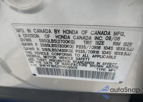 2007 Honda Pilot Ex-L z USA, uszkodzony, nr VIN 2HKYF18537H509505